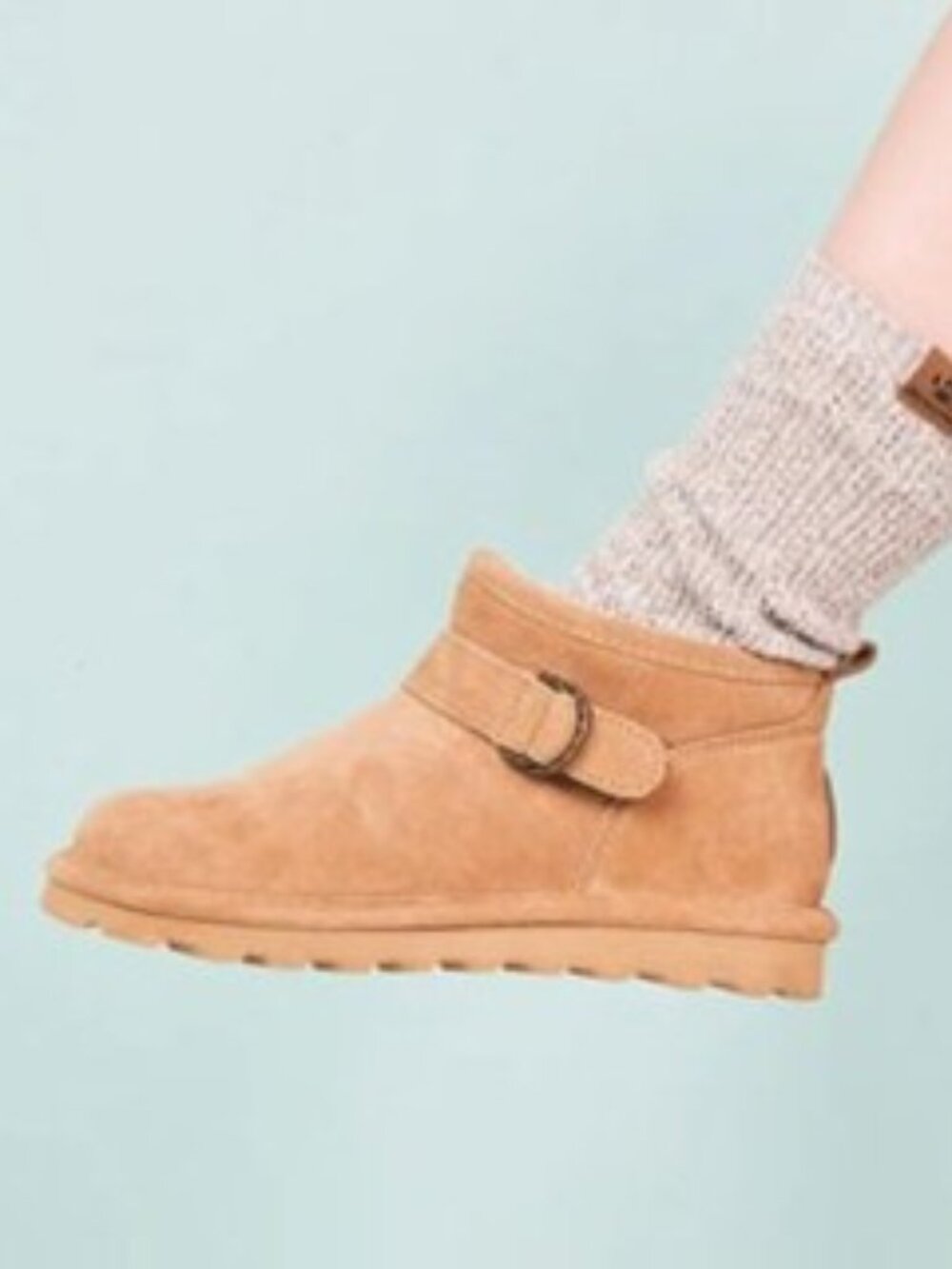 Bearpaw Petite Buckle Boots Suede Faux Fur Booties Iced Coffee Size 10 NEW